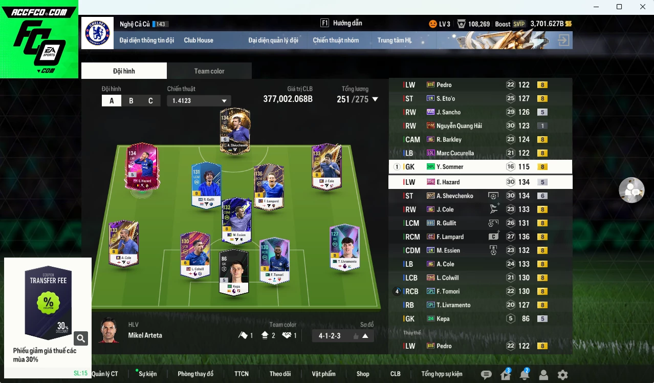 Chelsea 377.000b có Lampard CC, Sheva BDO+6, Hazard 25HR, Gullit EBS, Eto LN, Sancho WB...